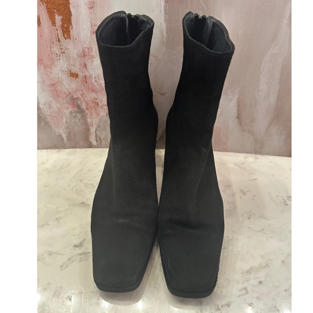 Stuart Weitzman Black Suede Square Toe Block Heel Ankle Boots Womens 7 B
